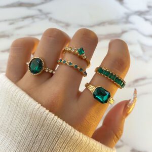 Elegant Gold Emerald Green Ring Set - Stackable 5 Pcs