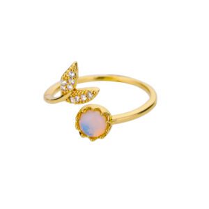 Dainty Gold Adjustable Opal Leaf Ring | Sparkly CZ Nature Inspired
