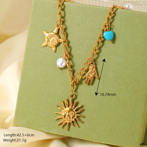 1947472568026009600 Gold Sun Face Charm Necklace | Turquoise Pearl Boho Multi-Charm