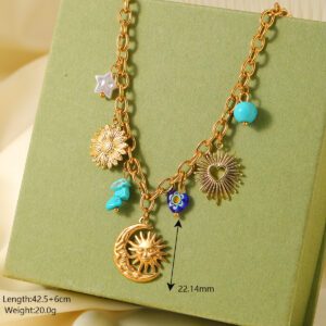 Gold Sun Moon Charm Necklace | Turquoise Blue Boho Multi-Charm