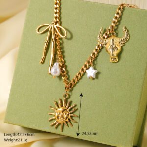 Gold Sun Face Charm Necklace | White Pearl Bull Bow Multi-Charm