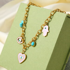 Gold Pink Evil Eye Charm Necklace | Turquoise Hamsa Heart Chain