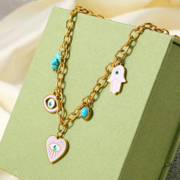 1948610720174313472 Gold Pink Evil Eye Charm Necklace | Turquoise Hamsa Heart Chain