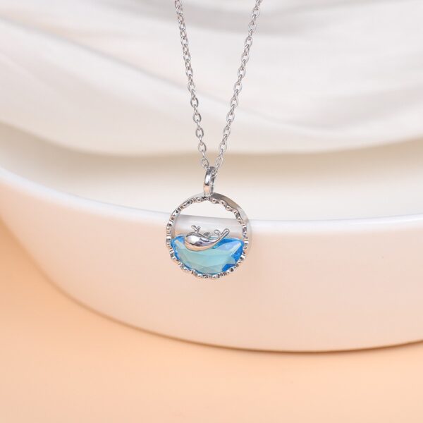 Silver Stainless Steel Whale Ocean Blue Crystal Pendant Necklace