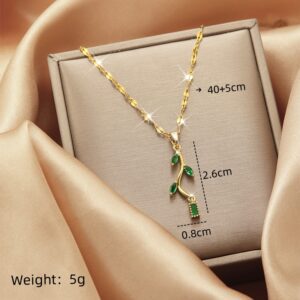 Dainty Gold Plated Leaf Pendant Necklace with Green CZ Stones