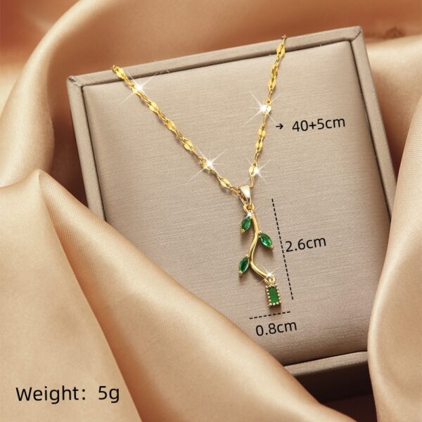 Dainty Gold Plated Leaf Pendant Necklace with Green CZ Stones