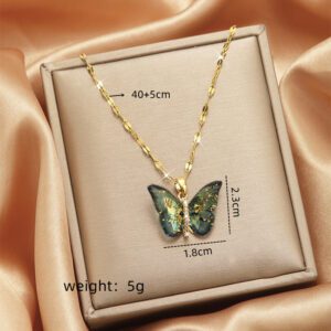 Dainty Gold Butterfly Necklace with Green Enamel Pendant