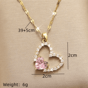 Gold Pink Crystal Double Heart Pendant Necklace | White Pavé Chain