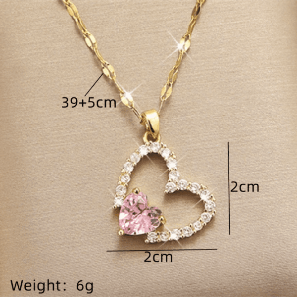 1960157430566490112 Gold Pink Crystal Double Heart Pendant Necklace | White Pavé Chain