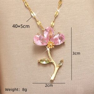 Elegant Pink Crystal Flower Necklace - Gold Coated Stainless Steel