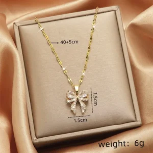 Sparkling Gold Bow Necklace with CZ Stones - Stainless Steel