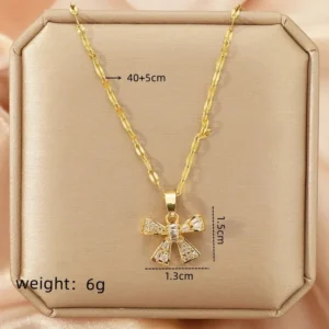Elegant Gold Bow Pendant Necklace - Stainless Steel Delicate Chain