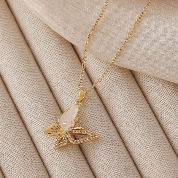 Gold Butterfly Necklace | Stainless Steel with Pink & CZ Sparkle