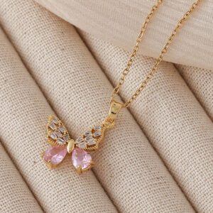 Dainty Gold Butterfly Necklace with Pink & Clear CZ Stones