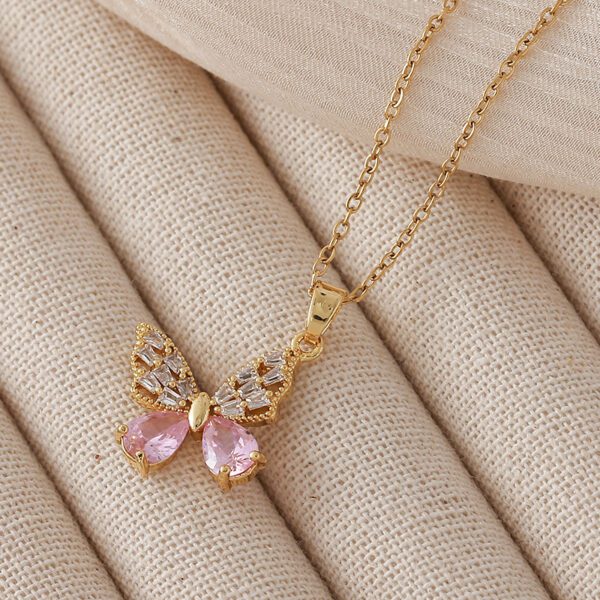 Dainty Gold Butterfly Necklace with Pink & Clear CZ Stones
