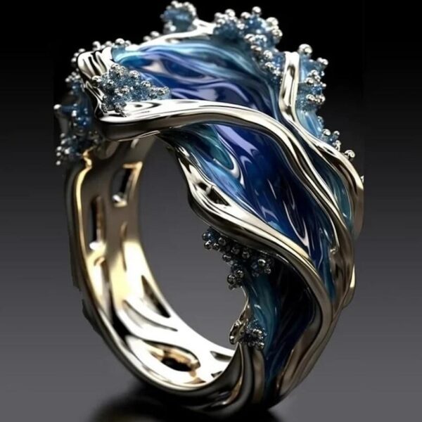 Blue Silver Ocean Wave Ring | Sculptural Enamel Sea Statement Band