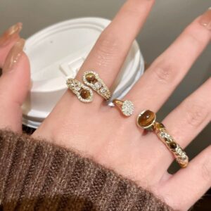 Trendy Gold Plated Adjustable Ring Set with Brown Gemstones