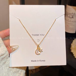 Gold White Moon Star Pendant Necklace | Dainty Celestial Chain