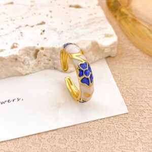 Bohemian Gold Stainless Steel Blue Floral Enamel Ring