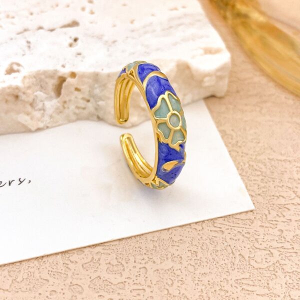 Gold Plated Adjustable Enamel Ring - Blue & Mint Green