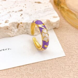 Purple Floral Enamel Adjustable Ring - Gold Tone Stainless Steel