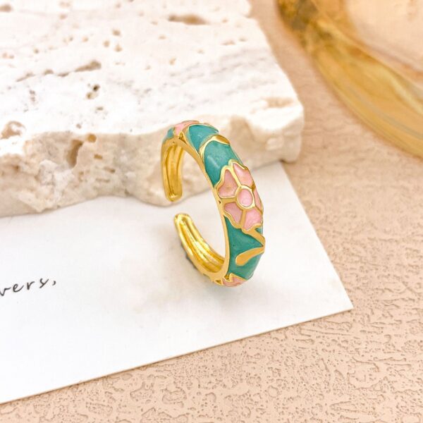 Chic Floral Enamel Adjustable Ring - Gold, Teal & Pink Stainless Steel