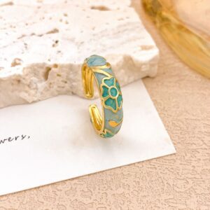 Chic Gold Plated Teal Enamel Adjustable Ring - Stainless Steel Floral Design