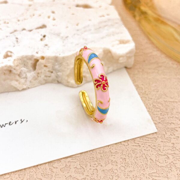 Pink Enamel Floral Adjustable Ring - Gold Coated Stainless Steel