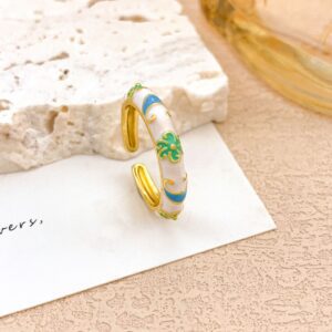Chic Gold Enamel Adjustable Ring - White, Blue & Green Floral