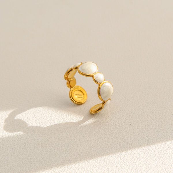 Gold Plated Adjustable White Enamel Ring - Stainless Steel Open Cuff