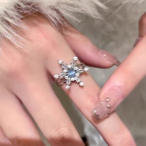 Silver Blue Snowflake Ring | White Crystal Open Band Winter Ring