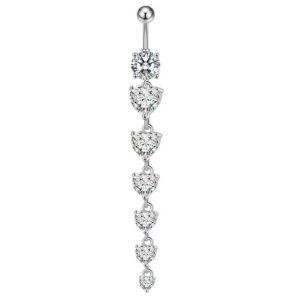 Dangling Heart CZ Belly Button Ring | Silver Stainless Steel Navel Piercing