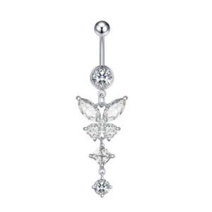 Sparkling Butterfly Navel Piercing - Clear CZ Silver Belly Ring