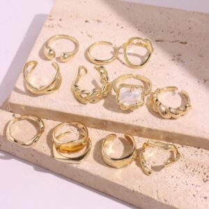 Gold Ring Set 10 Piece | White Pearl Sculptural Stack Open Bands