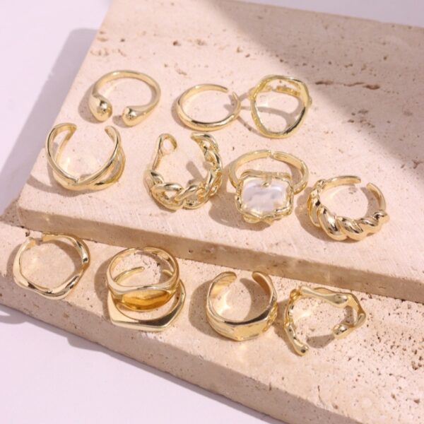 Gold Ring Set 10 Piece | White Pearl Sculptural Stack Open Bands