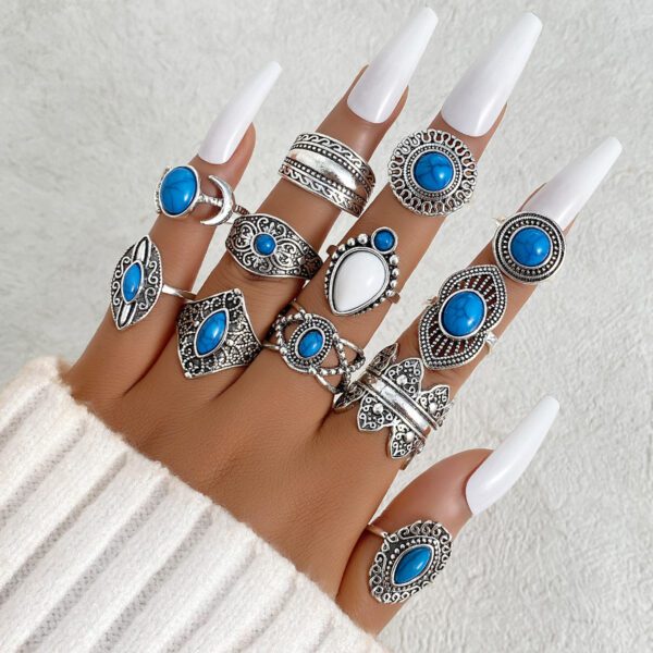 Silver Turquoise Ring Set 13 Piece | Boho Stone Stack Ring Collection