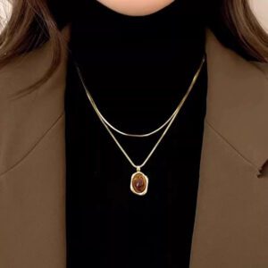 Gold Brown Stone Layered Necklace | Double Chain Amber Pendant Set