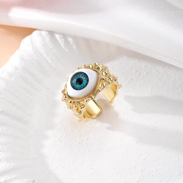 1985968298826797056 Gold Teal Evil Eye Ring | White Realistic Eye Wide Cuff Statement
