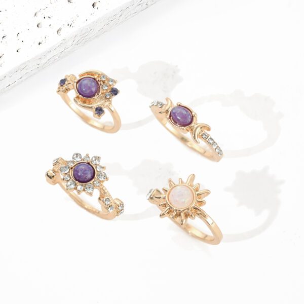 1985978406046666752 Gold Purple White Opal Ring Set 4 | Celestial Moon Sun Crystal Stack