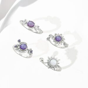Silver Purple White Opal Ring Set 4 | Celestial Moon Sun Crystal Stack