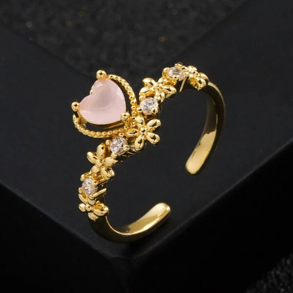 Dainty Gold Adjustable Ring with Pink Heart & CZ Floral Accents