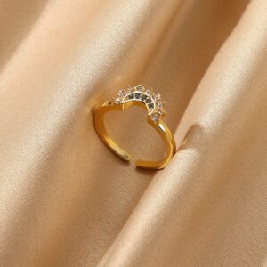 Elegant Gold Plated Adjustable Crescent Ring with Zircon Stones