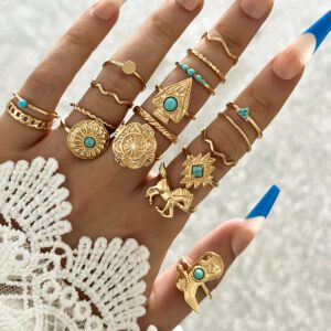 14Pcs Boho Gold Stackable Ring Set with Turquoise Accents