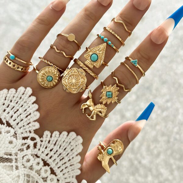1991330298129944576 14Pcs Boho Gold Stackable Ring Set with Turquoise Accents