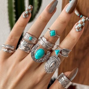 Boho Western Turquoise Ring Set - 9pc Vintage Silver Stackable Rings